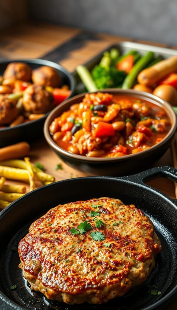 A beautifully lit, high-quality photograph of a variety of nutrient-packed ground chicken dishes. In the foreground, a succulent chicken patty sizzles on a cast-iron skillet, garnished with fresh herbs and spices. In the middle ground, a bowl of hearty chicken chili, rich with tomatoes, beans, and aromatic seasonings. In the background, a tray of juicy chicken meatballs, accompanied by a colorful array of roasted vegetables. The lighting is warm and natural, highlighting the vibrant colors and textures of the dishes. The overall scene conveys a sense of wholesome, homemade goodness, perfect for a healthy and satisfying meal.