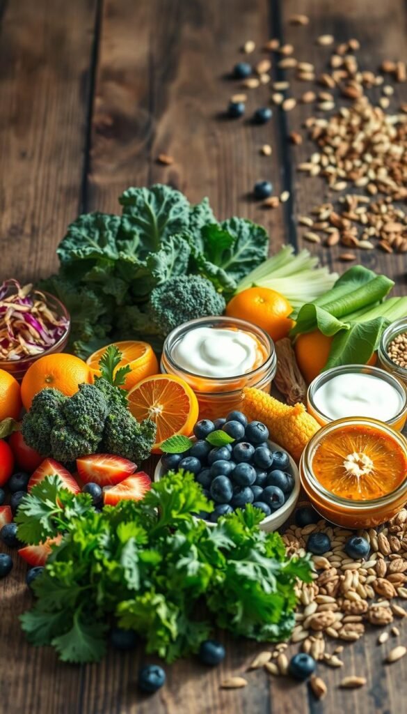 A beautifully lit still life capturing a selection of gut-healthy foods. In the foreground, an assortment of vibrant fruits and vegetables, such as kale, broccoli, blueberries, and oranges, artfully arranged on a rustic wooden table. The middle ground features fermented foods like sauerkraut, kimchi, and yogurt, their colors and textures creating visual interest. In the background, a scattered arrangement of nuts, seeds, and whole grains, adding depth and texture to the scene. Soft, natural lighting casts gentle shadows, enhancing the earthy, nourishing atmosphere. The overall composition emphasizes the abundance and vibrancy of these wholesome, gut-supporting ingredients.