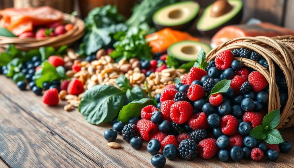 A bountiful arrangement of fresh, vibrant brain-boosting foods on a rustic wooden table. In the foreground, a variety of colorful berries, including blueberries, raspberries, and blackberries, spilling out of a woven basket. In the middle ground, a selection of leafy greens like spinach and kale, alongside crunchy nuts and seeds. In the background, a mix of fatty fish like salmon and avocados, all bathed in warm, natural lighting that casts a soft, inviting glow. The overall composition evokes a sense of nourishment, vitality, and the restorative power of nature's bounty for brain health recovery.