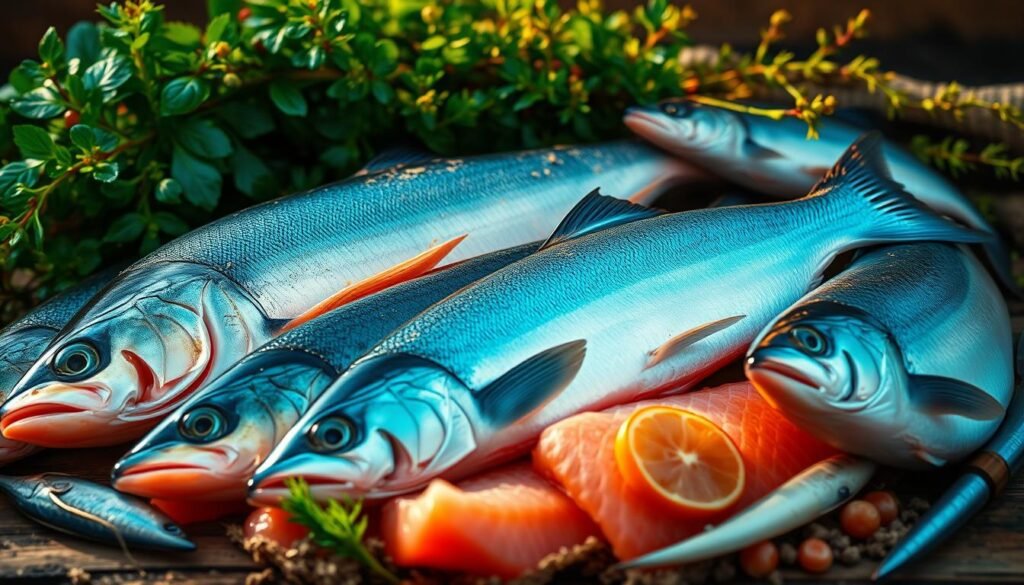 A bountiful assortment of fatty fish, including wild-caught salmon, mackerel, and herring, arranged in a rustic, earthy composition. The fish are positioned against a backdrop of lush, verdant foliage, conveying a sense of nourishment and renewal. Warm, golden lighting casts a soft, inviting glow, highlighting the fish's vibrant, omega-3-rich flesh. The scene exudes a serene, restorative atmosphere, perfectly capturing the essence of "Fatty Fish: Omega-3s to Combat Inflammation."
