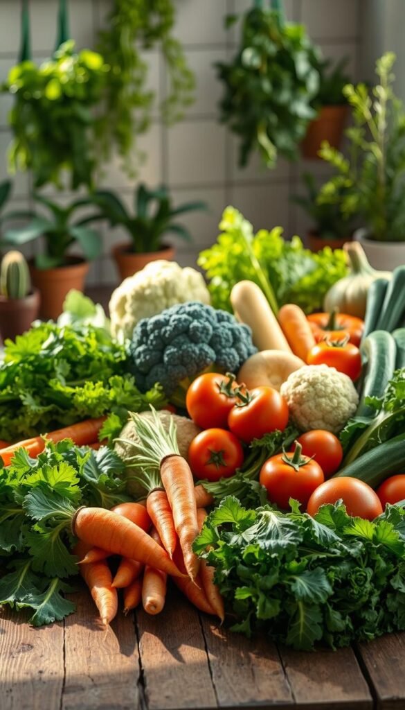 A bountiful still life arrangement of vibrant, freshly-harvested vegetables on a rustic wooden table, illuminated by natural, warm sidelighting. In the foreground, an assortment of leafy greens, bright carrots, and hearty sweet potatoes. In the middle ground, a variety of cruciferous vegetables like broccoli and cauliflower, alongside juicy tomatoes and zucchini. The background features a few hanging herb bunches and potted plants, creating a relaxing, nourishing atmosphere. The image evokes a sense of abundance, health, and recovery, suitable for a post-surgery nutrition feature.