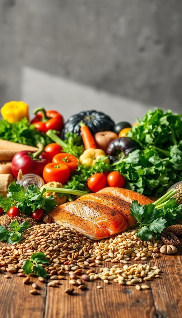 A bountiful still life arrangement showcasing a variety of nourishing foods for stroke recovery. In the foreground, a selection of leafy greens, vibrant vegetables, and heart-healthy fish fillets are artfully displayed on a rustic wooden table, bathed in warm, natural lighting. In the middle ground, whole grains, nuts, and seeds are scattered, representing essential nutrients. In the background, a simple backdrop of muted colors allows the vibrant produce to take center stage. The composition is balanced, with a sense of abundance and health, conveying the idea of nourishing the body to aid in the recovery process.