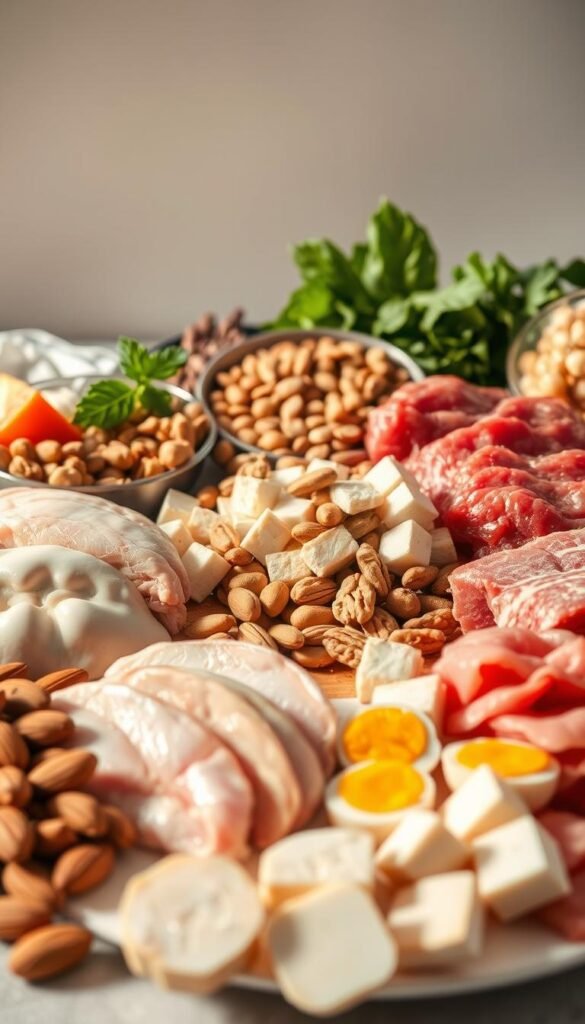 A bountiful still life featuring an array of protein-rich foods, bathed in warm, natural lighting and captured with a shallow depth of field. In the foreground, arrange juicy chicken breasts, eggs, tofu cubes, and slices of lean red meat. In the middle ground, include a selection of nuts, seeds, and legumes like almonds, walnuts, lentils, and chickpeas. Set against a plain, neutral background to emphasize the vibrant colors and textures of the nutritious ingredients. Convey a sense of wholesome abundance and nourishment, suitable to illustrate an article on the best foods for surgical recovery.
