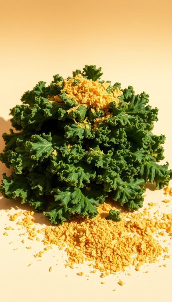 A bright and vibrant still life composition featuring a heaping pile of fresh kale leaves, sprinkled with an enticing layer of golden nutritional yeast. The kale appears lush and verdant, its texture captured in intricate detail. The nutritional yeast is scattered unevenly, creating a visually appealing and "quite cheezy" appearance. The scene is illuminated by warm, natural lighting, casting gentle shadows and highlights that accentuate the textures and colors. The background is a soft, neutral tone, allowing the primary subjects to take center stage and communicate their gut-supporting benefits. The overall mood is one of health, vitality, and appetizing appeal, perfectly suited to illustrate the importance of this nutrient-dense combination for digestive wellness.
