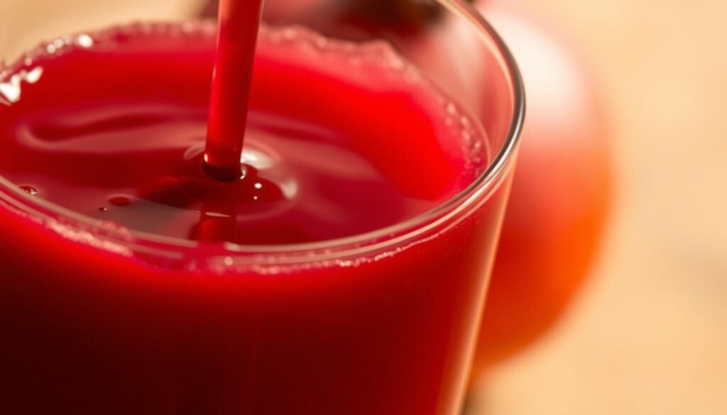 A close-up shot of a freshly poured glass of ruby-red pomegranate juice, its surface glistening with sparkling highlights. The juice appears thick and luscious, with a deep, jewel-like color. In the background, out of focus, a pomegranate fruit is partially visible, its ripe, textured skin suggesting the rich, antioxidant-packed liquid within. Soft, warm lighting illuminates the scene, creating a sense of vibrancy and health. The overall mood is one of nourishment, vitality, and the restorative power of this nutrient-dense superfruit.