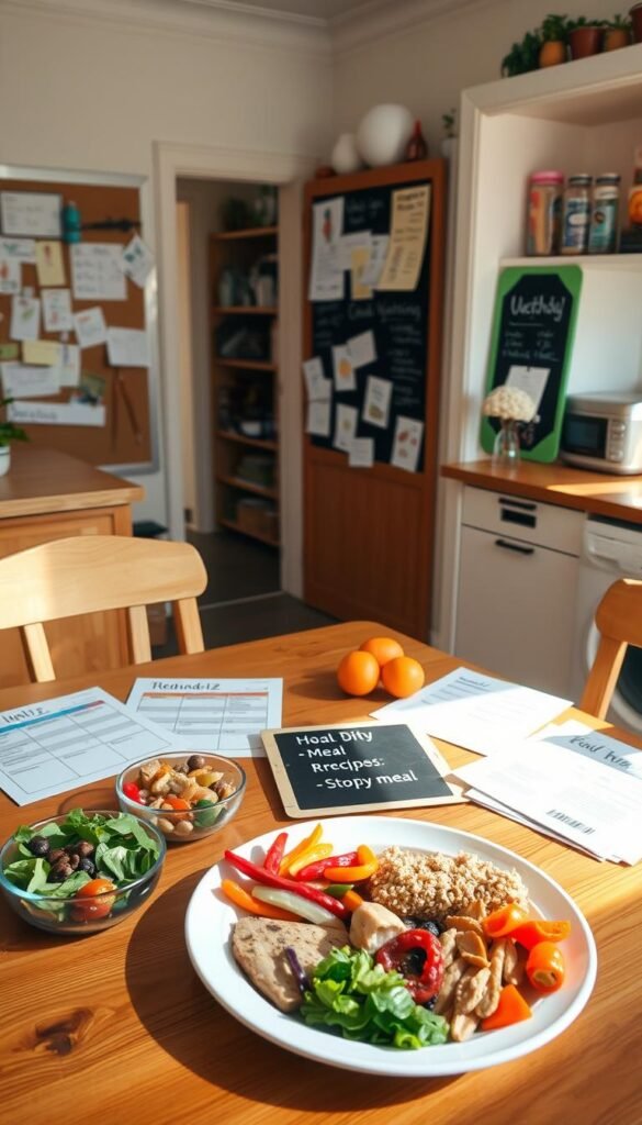 A cozy kitchen interior with a wooden table, featuring a variety of healthy meal options arranged neatly. In the foreground, a child-sized plate showcases a balanced meal of colorful vegetables, lean protein, and whole grains. Surrounding the plate, various meal planning tools such as a weekly menu, recipe cards, and a chalkboard displaying the day's meal. Warm, natural lighting filters through a window, creating a welcoming atmosphere. The middle ground features a bulletin board displaying notes, reminders, and kid-friendly illustrations, while the background showcases a well-stocked pantry and kitchen appliances. The overall scene conveys a sense of organization, nutrition, and family-friendly meal planning.
