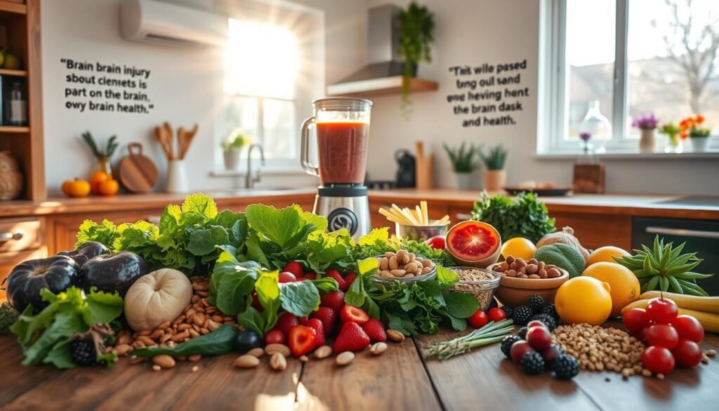 A cozy kitchen scene with a large wooden table in the foreground, adorned with a variety of fresh, colorful ingredients - leafy greens, vibrant berries, nuts, and whole grains. In the middle ground, a blender whirrs, blending a smoothie of vibrant hues. Sunlight streams in through large windows, casting a warm, inviting glow over the space. On the walls, motivational quotes about brain health and recovery are displayed. The overall atmosphere is one of nourishment, healing, and hope, reflecting the critical connection between brain injury recovery and mindful, nutrient-dense nutrition.