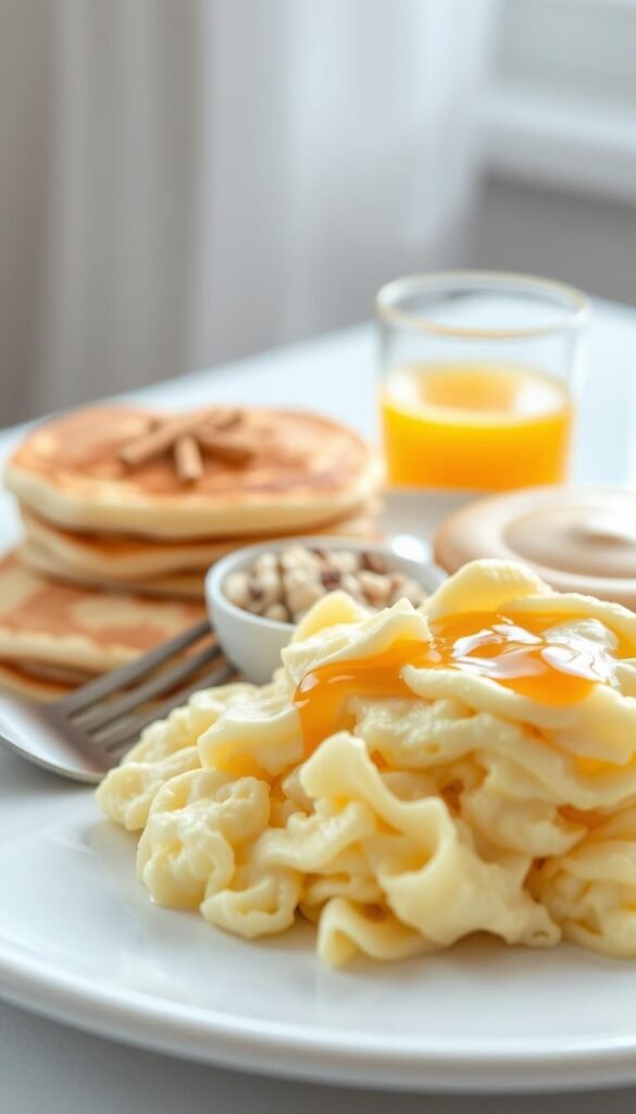 A delicate arrangement of soft, comforting breakfast foods on a white ceramic plate, gently illuminated by soft, natural lighting. In the foreground, a luscious pile of scrambled eggs, their creamy texture inviting a gentle fork. Alongside, a stack of fluffy, golden pancakes, drizzled with a delicate maple syrup glaze. In the middle ground, a small bowl of smooth, silky oatmeal, topped with a dusting of cinnamon. In the background, a glass of fresh, pulp-free orange juice, its vibrant color and bubbles reflecting the morning light. The overall scene conveys a sense of nourishment and ease, perfect for a post-surgery breakfast.