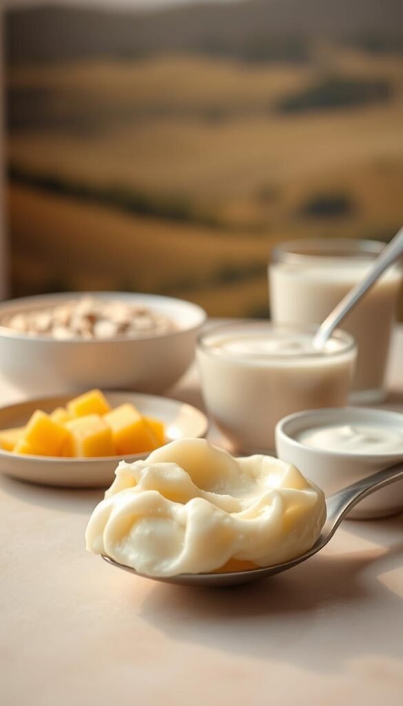 A delicate arrangement of soft, creamy foods on a neutral-toned table, with warm lighting casting a gentle glow. In the foreground, a spoonful of silky mashed potatoes, a soft-boiled egg, and a side of applesauce. In the middle ground, a bowl of smooth, warm oatmeal, and a cup of smooth, milky yogurt. The background features a blurred, soothing landscape, suggesting a calming, comforting environment. The overall mood is one of nourishment, care, and recovery, reflecting the need for soft, easy-to-digest foods after oral surgery.