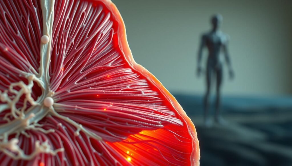 A detailed anatomical cross-section of muscle tissue, illuminated by soft, natural lighting. The foreground showcases the intricate network of muscle fibers, tendons, and connective tissue, with a focus on the microscopic damage and inflammation that causes muscle soreness. The middle ground depicts the process of muscle recovery, with blood vessels and nutrients flowing to the affected areas. The background provides context, featuring a subtle, blurred landscape suggesting the human body. The overall mood is one of scientific exploration and understanding, inviting the viewer to delve into the physiological mechanisms behind muscle recovery.