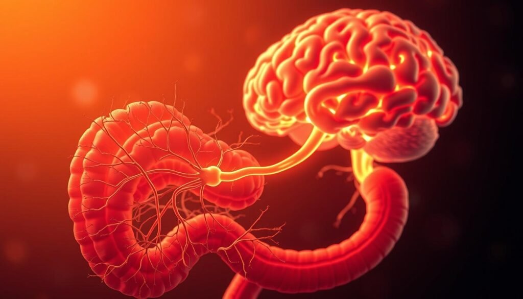 A detailed cross-section of the intricate brain-gut connection, illuminated by warm, natural lighting. In the foreground, the enteric nervous system weaves through the digestive tract, with neurons and ganglia intertwining. The middle ground reveals the vagus nerve, a vital conduit linking the brain and gut, glowing with neural activity. In the background, the brain itself is depicted in vivid detail, its lobes and structures connected to the gut via this essential neurological pathway. The overall scene conveys the profound, bidirectional relationship between the central nervous system and the gastrointestinal tract, highlighting their integrated roles in cognition, mood, and overall health.