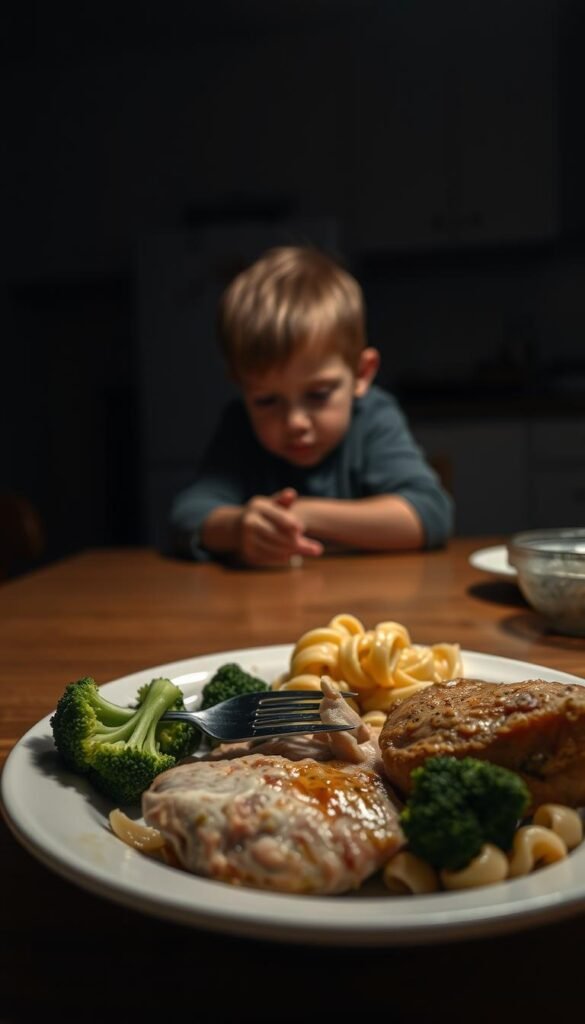 A dimly lit kitchen table, the setting for a picky eater's dinner. In the foreground, a plate with a selection of unappetizing, barely touched foods - steamed broccoli, plain pasta, and a chicken breast. The lighting casts long shadows, creating a moody, almost somber atmosphere. In the middle ground, a frustrated parent watches, hands on their hips, as the child pushes the food around with a fork, expression sullen and unwavering. The background is blurred, hinting at the domestic setting - perhaps a few basic kitchen appliances or the edge of a chair. The overall scene conveys the challenge of mealtime for families with selective eaters, the sense of tension and disappointment palpable.