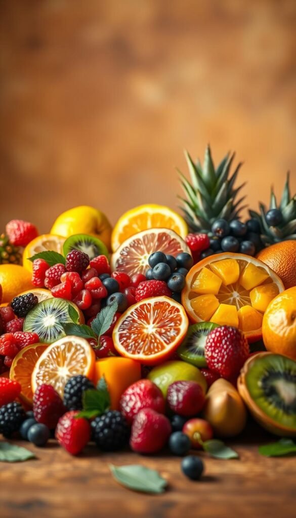 A lush, vibrant still life composition featuring a diverse assortment of colorful, ripe fruits arranged against a warm, soft-focus backdrop. In the foreground, a visually appealing cluster of juicy, glistening berries, citrus slices, and exotic tropical fruits like kiwi and mango, all evoking a sense of healing and rejuvenation. The lighting is gentle, creating a natural, inviting ambiance. The overall composition is balanced, with the fruits arranged in a harmonious, aesthetically pleasing manner, drawing the viewer's eye to the center of the frame. The image conveys a sense of health, vitality, and the restorative power of nature's bounty.