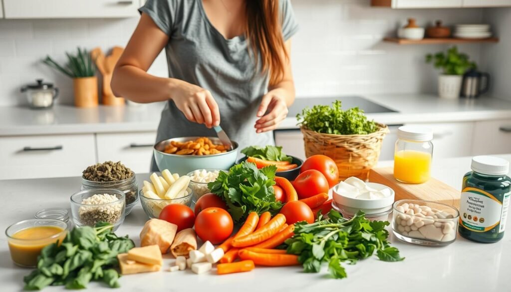 A person preparing recovery foods in a kitchen with ingredients laid out A person preparing recovery foods in a kitchen with ingredients laid out