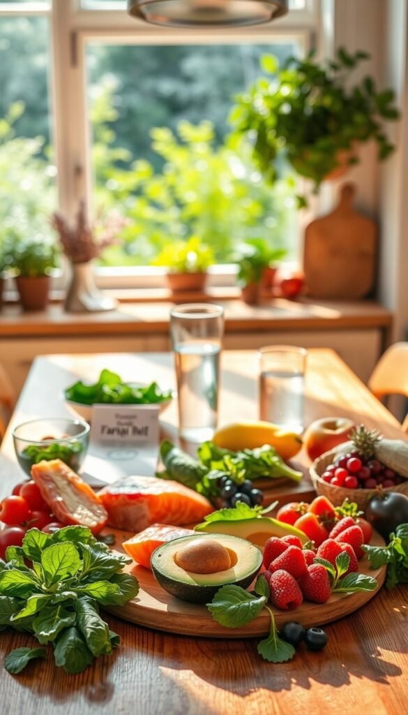 A serene, sun-dappled kitchen interior with a wooden table, showcasing an array of fresh, vibrant ingredients essential for a stroke recovery diet. In the foreground, an assortment of heart-healthy foods like salmon, avocado, leafy greens, and berries are artfully arranged, illuminated by warm, natural lighting. In the middle ground, a glass of water and a personalized meal plan add a sense of intention and purpose. The background features a window overlooking a lush, green garden, creating a calming, restorative atmosphere. The overall composition conveys the nourishing, holistic approach to healing and recovery through a carefully curated, stroke-friendly diet.