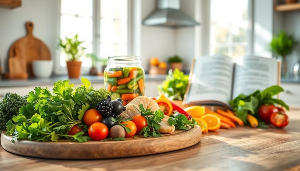 A serene, well-lit kitchen interior with natural light streaming through large windows. In the foreground, a wooden cutting board showcases an array of vibrant, nutrient-dense ingredients - leafy greens, colorful vegetables, fresh herbs, and high-quality proteins. The midground features a glass jar of fermented probiotic-rich food, symbolizing the importance of gut health for brain recovery. In the background, an open cookbook displays pages highlighting anti-inflammatory recipes. The overall scene conveys a sense of wellness, nourishment, and the power of using food as medicine to aid in brain injury recovery.
