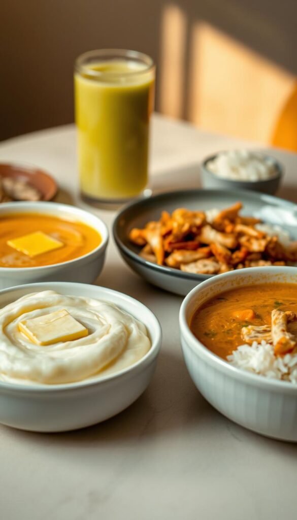 A spread of soft, nourishing foods on a neutral-toned table, bathed in warm, diffused lighting. In the foreground, a bowl of silky mashed potatoes, topped with a pat of melted butter. Beside it, a ramekin of smooth, creamy butternut squash soup, steam gently rising. In the middle ground, a plate of tender, shredded chicken in a savory broth, accompanied by a small pile of fluffy white rice. In the background, a glass of cool, refreshing smoothie, its vibrant color contrasting with the earthy tones of the other dishes. The overall scene conveys a sense of comfort and ease, perfect for satisfying a post-surgery appetite.
