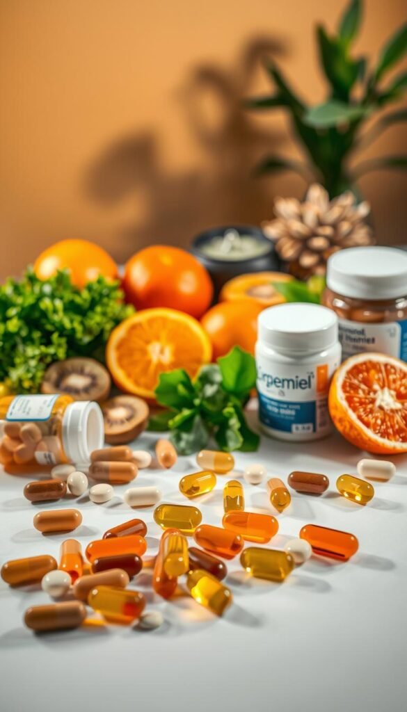 A still life composition featuring an assortment of vitamins, minerals, and healthy fats for immune support. In the foreground, various capsules, tablets, and softgels are neatly arranged on a sleek, minimalist surface, casting delicate shadows. The middle ground showcases a selection of fresh fruits and vegetables, such as oranges, kiwis, and leafy greens, symbolizing the natural sources of these vital nutrients. The background is a warm, softly-lit environment, creating a serene and inviting atmosphere that emphasizes the importance of these essential elements for overall wellness. The image is captured with a crisp, high-resolution lens, highlighting the intricate details and vibrant colors of the subject matter.