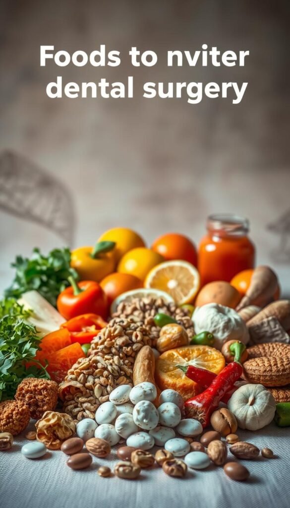 A surreal still life composition depicting an array of "foods to avoid after dental surgery" against a soft, muted background. In the foreground, an assortment of crunchy, hard-textured items such as raw vegetables, nuts, and hard candies are arranged in a visually striking manner. The middle ground features a selection of acidic and spicy foods like citrus fruits, hot peppers, and pickled items. In the background, a hazy, dreamlike setting evokes a sense of caution and recovery, with muted tones and a subtle depth of field. The lighting is soft and diffused, creating a contemplative atmosphere. Overall, the image conveys the message of post-surgical dietary restrictions through a visually compelling and conceptual arrangement of problematic food items.