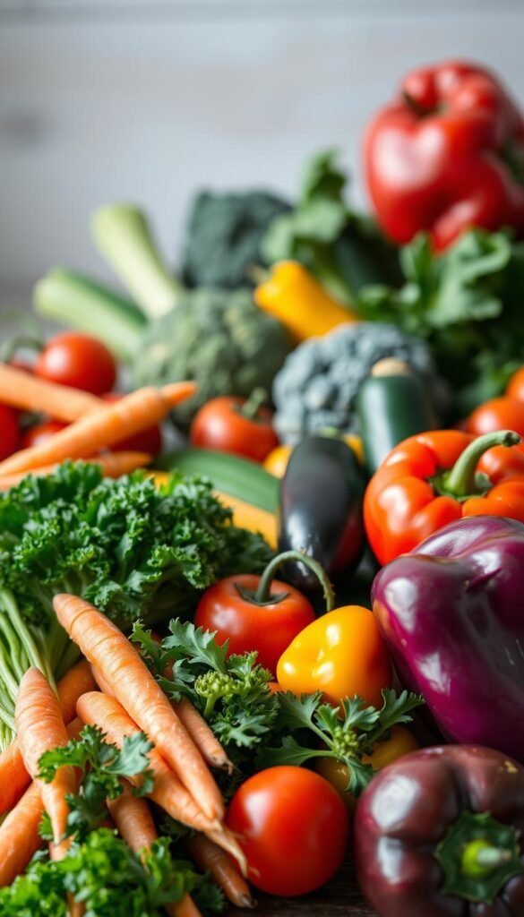 A vibrant and visually appealing arrangement of freshly harvested vegetables. In the foreground, a variety of colorful produce including crisp carrots, leafy kale, plump tomatoes, and crunchy bell peppers are artfully displayed. The middle ground features a selection of other seasonal veggies such as zucchini, broccoli, and eggplant, creating a diverse and enticing composition. The background has a soft, blurred effect, allowing the vibrant colors and textures of the vegetables to take center stage. The lighting is natural and diffused, casting a warm, inviting glow over the scene. The overall mood is one of health, freshness, and culinary inspiration, perfectly suited to illustrate the section on creative ways to incorporate more vegetables into everyday meals.