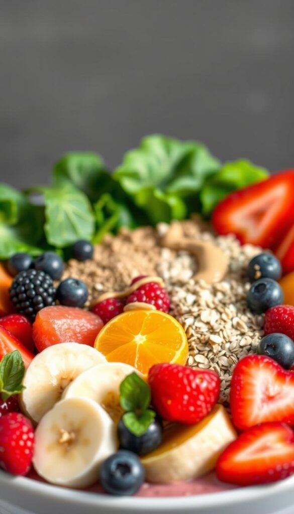A vibrant arrangement of fresh, wholesome ingredients for a nourishing smoothie bowl. In the foreground, an array of sliced fruit - ripe bananas, juicy berries, and vibrant citrus. In the middle, a selection of superfood additions like chia seeds, oats, and protein powder. The background features lush, leafy greens and a drizzle of creamy nut butter. Bathed in soft, natural lighting, the scene exudes a sense of vitality and wellness. Captured with a wide-angle lens to showcase the diverse components in an inviting, appetizing composition.