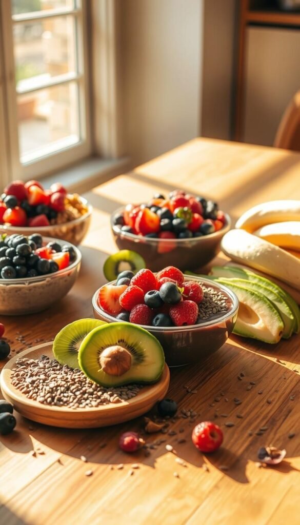 A vibrant array of smoothie bowl ingredients artfully arranged on a wooden table. Overflowing bowls of fresh berries, sliced kiwi, ripened bananas, and creamy avocado slices. Sprinkles of chia and hemp seeds scattered around, adding textural contrast. Sunlight streams in from a large window, casting a warm, golden glow over the scene. Soft shadows accentuate the natural forms and colors of the ingredients. The composition is balanced and aesthetically pleasing, inviting the viewer to imagine the delicious and nutritious smoothie bowl that could be created from these wholesome elements.