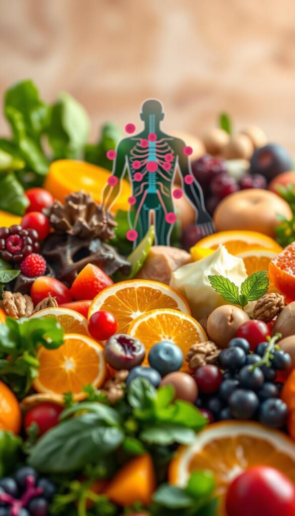 A vibrant, close-up illustration showcasing the symbiotic relationship between nutrition and immune health. In the foreground, a diverse array of colorful, nutrient-dense foods - leafy greens, vibrant berries, citrus fruits, nuts, and lean proteins - arranged in an aesthetically pleasing composition. The middle ground features a stylized depiction of the human immune system, with white blood cells, antibodies, and other key components working in harmony. The background is a soft, blurred backdrop, evoking a sense of wellness and balance. The lighting is warm and natural, casting a gentle glow on the scene. The overall tone is one of vitality, healing, and the powerful role that a nutritious diet plays in supporting the body's natural defenses.