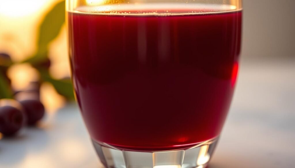 A vibrant, high-resolution image of a glass filled to the brim with deep ruby-red tart cherry juice, backlit by warm, golden-hour lighting that casts a soft, glowing halo around the edges. The juice glistens with a rich, jewel-like transparency, inviting the viewer to imagine its bold, tangy-sweet flavor and potential benefits for muscle recovery. The glass is set against a simple, minimalist background that allows the juice to be the star, with just a hint of soft, blurred greenery or natural elements in the periphery to evoke a sense of freshness and vitality. The overall mood is one of sophistication, health, and the restorative power of nature's bounty.