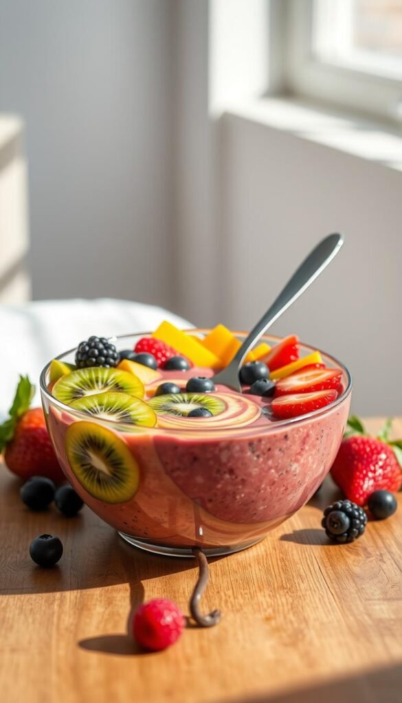 A vibrant, photorealistic smoothie bowl, set against a bright, airy backdrop. The bowl, filled with a swirling blend of colorful fruits and vegetables, sits atop a wooden table, bathed in soft, natural lighting. Sliced kiwi, mango, and berries decorate the surface, creating a visually striking and appetizing display. In the middle ground, a spoon rests invitingly, hinting at the creamy, nutrient-dense treat within. The overall scene evokes a sense of health, freshness, and a desire to indulge in this wholesome, delicious creation.