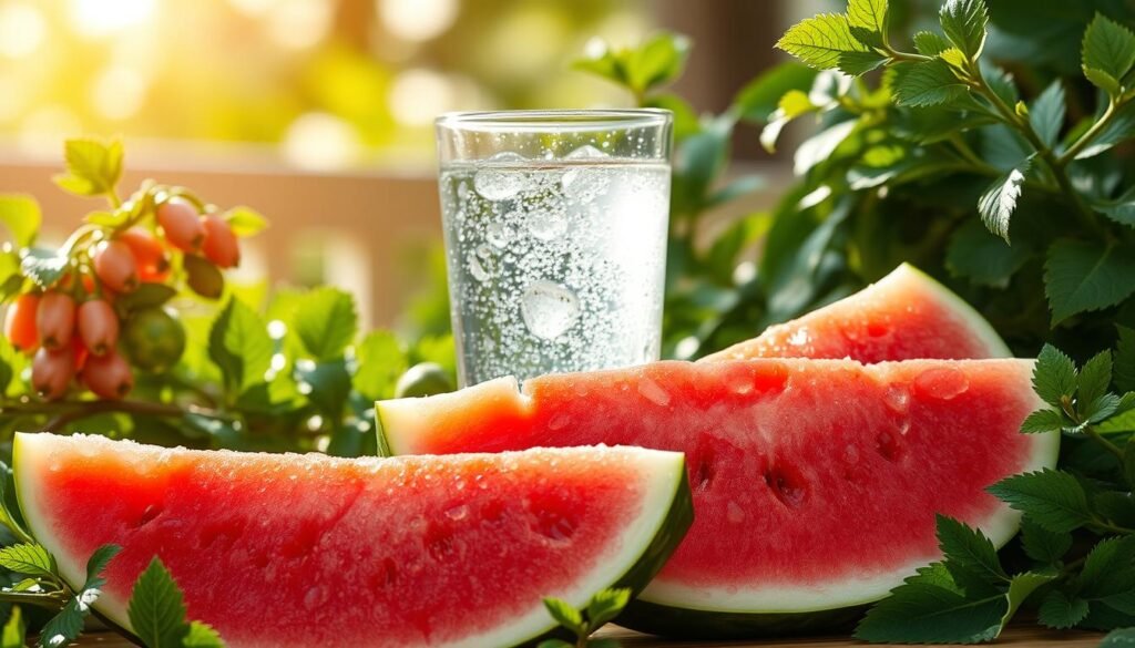 A vibrant, refreshing still life depicting the hydrating properties of watermelon. In the foreground, a juicy, ripe watermelon slice glistens with water droplets, sliced to reveal its vibrant pink flesh. Surrounding the watermelon are clusters of lush, green watermelon leaves and vines, creating a verdant, natural frame. The middle ground features a glass of clear, chilled water, with condensation forming on the exterior, emphasizing the thirst-quenching nature of the scene. The background is softly blurred, suggesting a serene, peaceful setting, perhaps a sun-dappled patio or garden. Warm, natural lighting bathes the entire composition, highlighting the succulent, hydrating qualities of the watermelon. The mood is one of rejuvenation and nourishment, perfectly capturing the restorative benefits of this summer fruit.