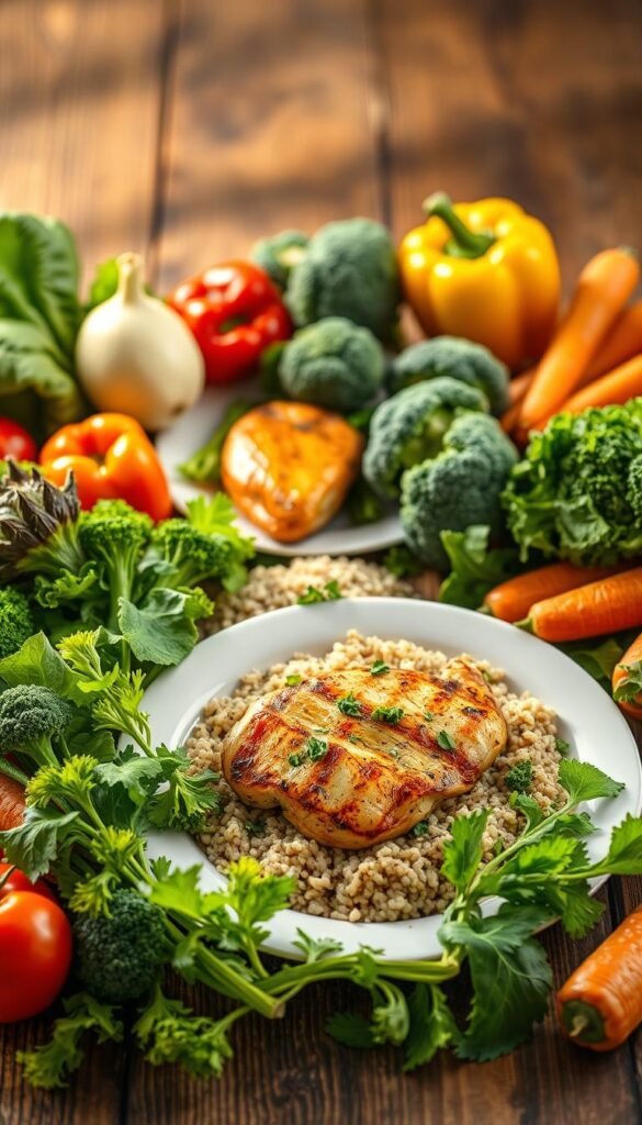 A vibrant still life composition showcasing a selection of fresh, nutrient-dense foods for COVID recovery and healing. In the foreground, a variety of colorful vegetables including leafy greens, broccoli, bell peppers, and carrots, arranged artfully on a rustic wooden table. In the middle ground, a plate featuring a grilled chicken breast, a serving of brown rice, and a sprinkle of fresh herbs. Soft, warm lighting illuminates the scene, casting gentle shadows and creating a cozy, inviting atmosphere. The overall composition evokes a sense of nourishment, vitality, and the restorative power of wholesome, natural ingredients.