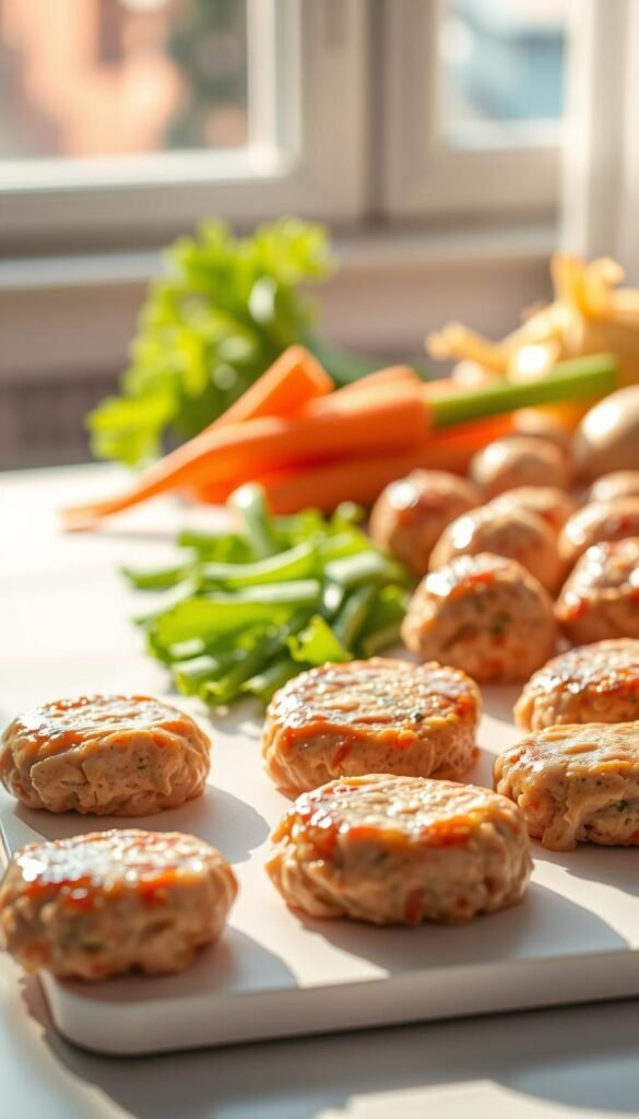 A vibrant still life depicting the benefits of lean ground chicken. In the foreground, neatly arranged chicken patties or meatballs, glistening with a light glaze, cast shadows on a clean white surface. In the middle ground, an array of fresh, crisp vegetables - carrots, celery, and onions - speak to the nutrient-dense nature of this versatile protein. The background bathes in warm, natural lighting, perhaps through a window, creating a soothing, inviting atmosphere. The overall composition exudes a sense of health, wholesomeness, and the ease of incorporating lean ground chicken into delicious, nutritious meals.