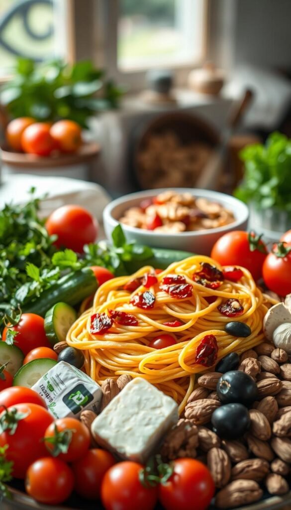 A vibrant still life of Mediterranean diet foods, captured in natural light with a shallow depth of field. In the foreground, a platter overflows with fresh, colorful produce - ripe tomatoes, crisp cucumbers, juicy olives, and fragrant herbs. In the middle ground, a bowl of whole-grain pasta twirls with a simple sauce of olive oil, garlic, and sun-dried tomatoes. Surrounding the central arrangement, a scattering of walnuts, almonds, and a wedge of creamy feta cheese. The background is softly blurred, hinting at a rustic, sun-drenched kitchen setting. The overall mood is one of simple, nourishing abundance, reflecting the health-promoting principles of the Mediterranean diet.