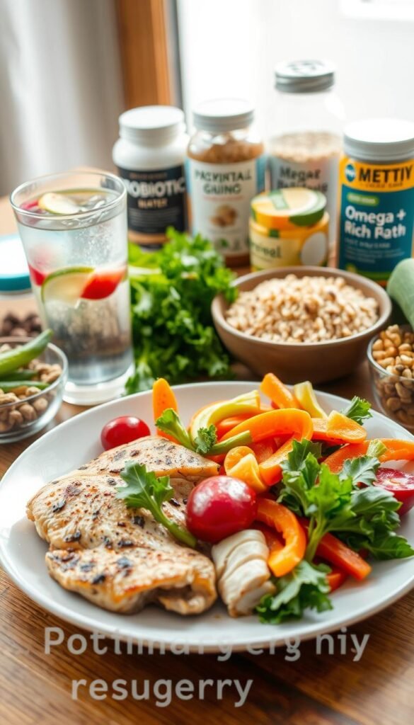A well-lit, appetizing table arrangement showcasing a variety of nutritious post-surgery recovery foods. In the foreground, a plate filled with lean protein, such as grilled chicken or fish, accompanied by vibrant, freshly steamed vegetables. In the middle ground, a bowl of whole grain rice or quinoa, and a glass of fresh, hydrating fruit-infused water. In the background, a selection of beneficial supplements like probiotics and omega-3 rich nuts and seeds. The overall scene conveys a sense of balance, nourishment, and a commitment to optimal healing through mindful, wholesome eating.