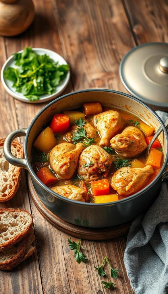A wholesome and nourishing one-pot meal, brimming with vibrant vegetables, tender chicken, and fragrant herbs. The scene is bathed in warm, cozy lighting, casting a comforting glow on the simmering pot. Crusty bread and a simple salad adorn the rustic wooden table, inviting the viewer to savor this easy, healthy dinner. The composition is balanced, with the pot taking center stage, surrounded by complementary elements that suggest a comforting, home-cooked meal. The overall atmosphere is one of simplicity, wholesomeness, and effortless nourishment, perfect for picky eaters seeking a satisfying, fuss-free dinner.