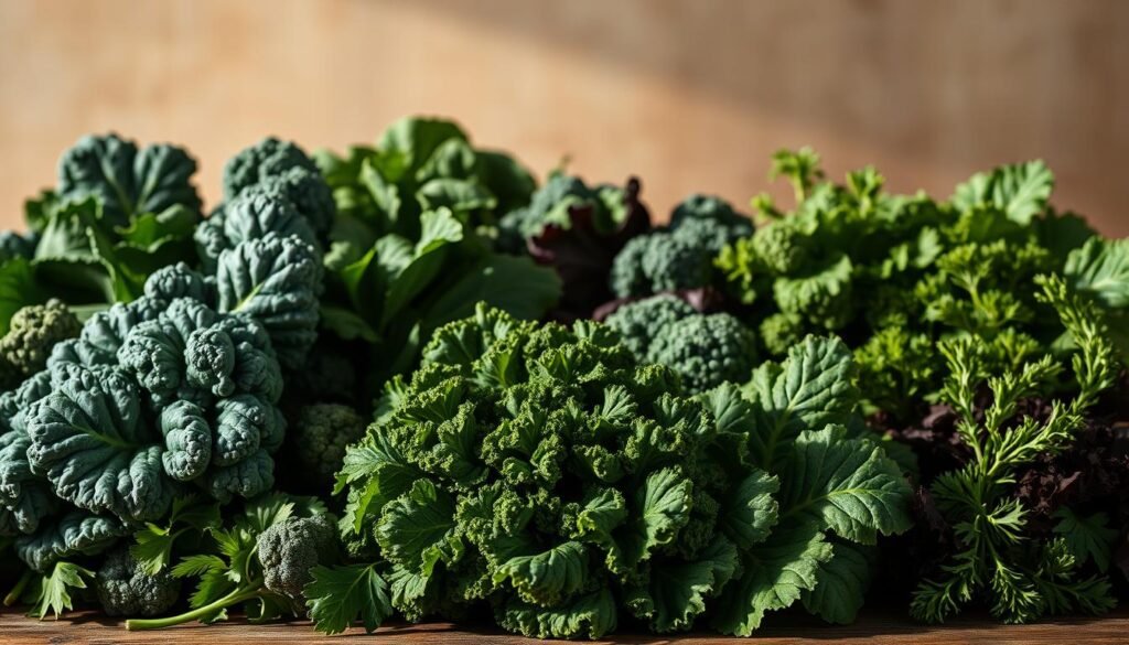 An elegant arrangement of dark leafy greens, including kale, spinach, and collard greens, artfully displayed against a warm, rustic backdrop. The produce is illuminated by natural, soft lighting, casting gentle shadows and highlighting the vibrant colors and intricate textures of the leaves. The foreground features the leafy greens in the center, while the middle ground showcases a complementary selection of other nutrient-dense vegetables and herbs, such as broccoli and parsley. The background is a subtle, earthy-toned surface, emphasizing the wholesome, nourishing nature of the scene. The overall mood is one of health, vitality, and the restorative power of nature's bounty.