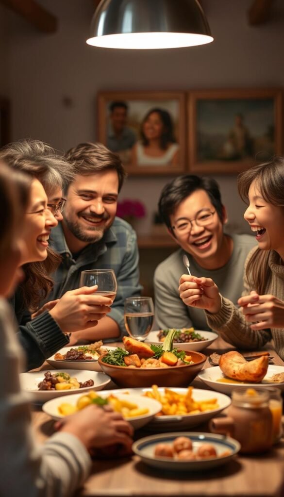 Create an image of a happy family enjoying a meal together