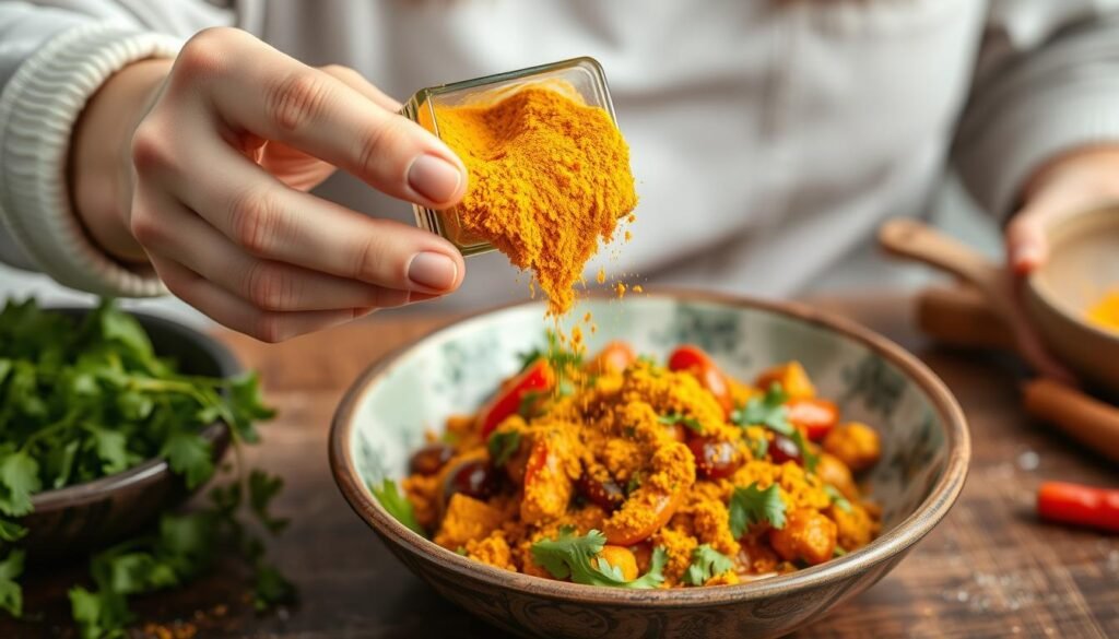 Create an image of a person incorporating turmeric into their meal