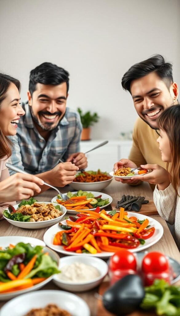 Generate an image of a happy family enjoying a vegetarian meal together