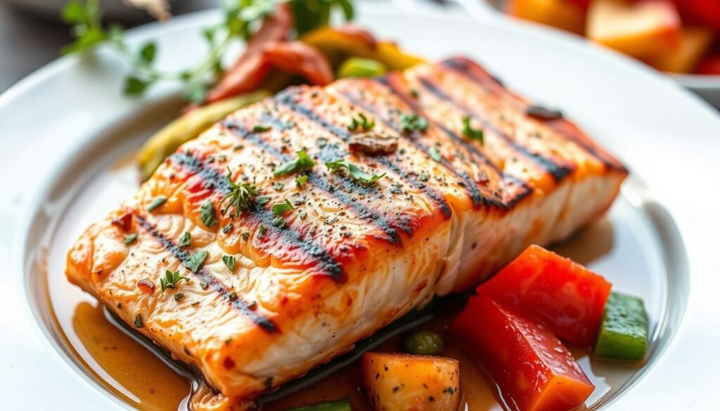 Generate an image of a plate of grilled salmon, a rich source of omega-3 fatty acids.