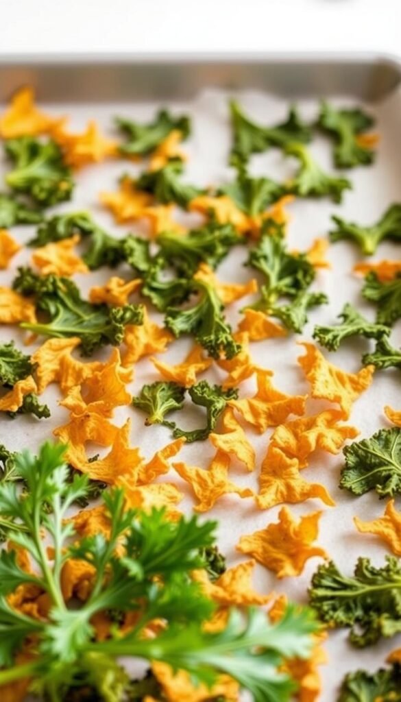 High-quality image of homemade kale chips recipe, focused on a baking sheet with freshly baked kale chips, shot from an overhead angle with soft, natural lighting. The kale chips are evenly distributed on the sheet, golden-brown in color, with a delicate, crinkled texture. In the foreground, a few scattered sprigs of fresh kale leaves add visual interest. The background is clean and minimalist, with a simple white or light-colored surface to emphasize the main subject. The overall mood is warm, appetizing, and inviting, showcasing the homemade, healthy nature of the kale chips.