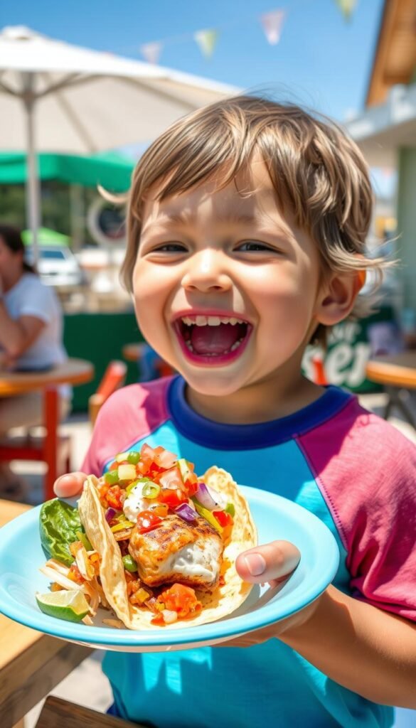 Image of a kid enjoying a fish taco