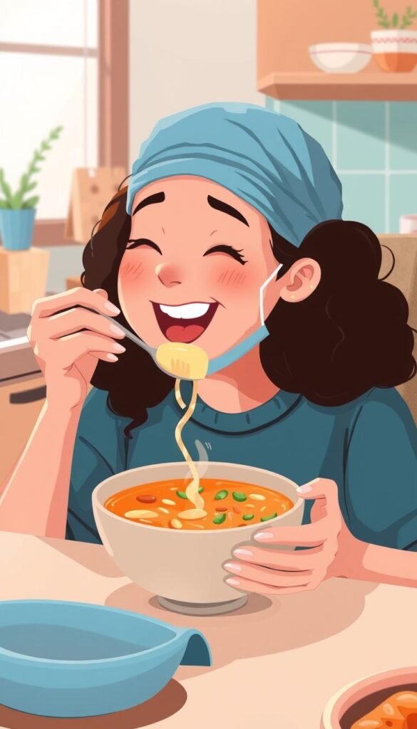 Image of a person enjoying a nutritious soup after oral surgery