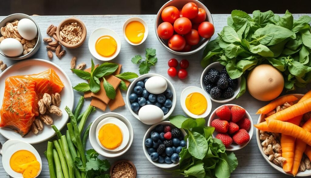 Various recovery foods including proteins, healthy fats, and nutrient-dense options for healing
